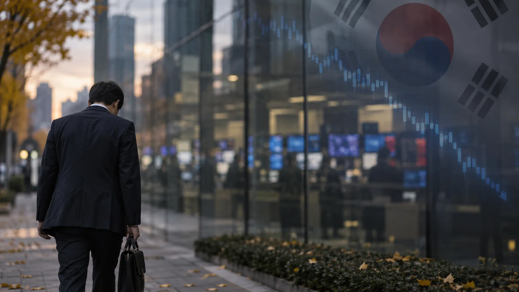 An office worker in a dark suit walks head-down with a briefcase past a glass-fronted Seoul trading office, overlaid with a falling blue candlestick chart and a faded South Korean flag.